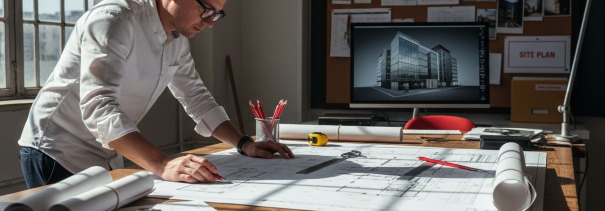Architect reviewing blueprints with tools and plans