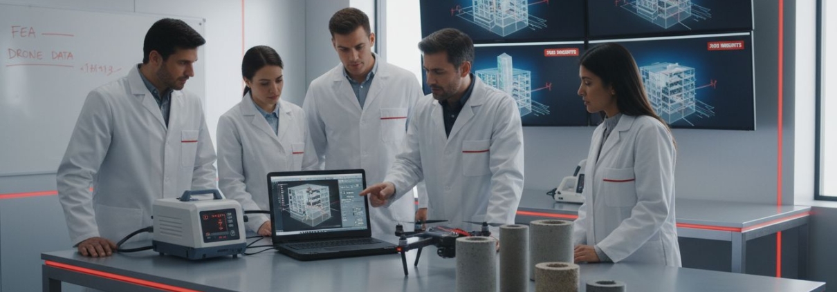 Engineers reviewing advanced forensic tools and data