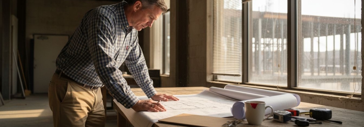 Engineer reviewing structural plans onsite