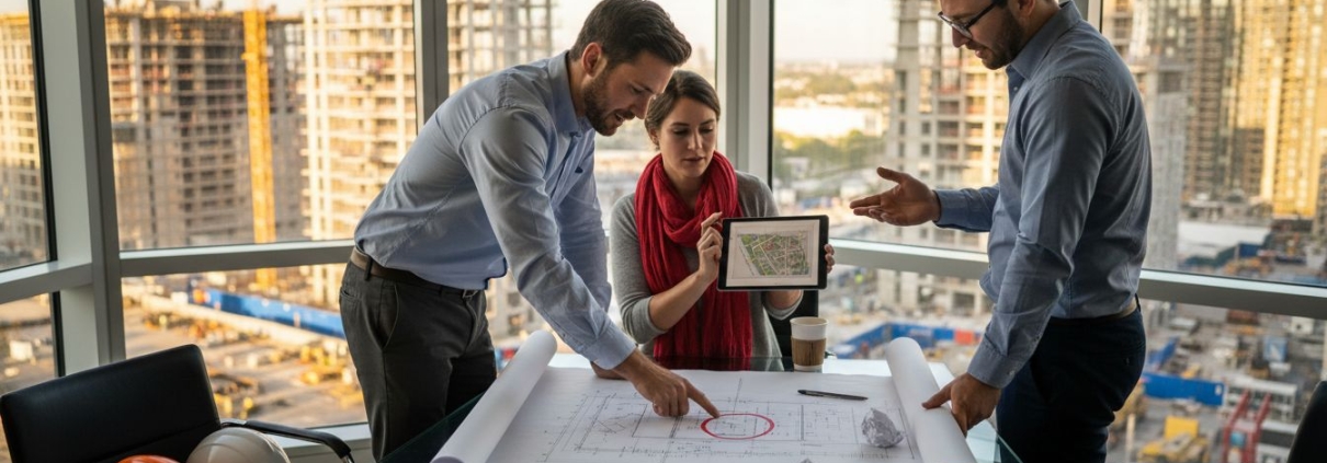 Engineering consultants reviewing property plans in office