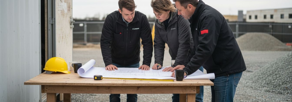 Civil engineers reviewing site plans outdoors