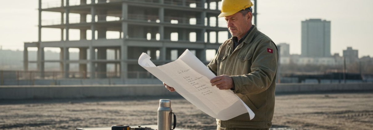 Architect examines blueprints at construction site