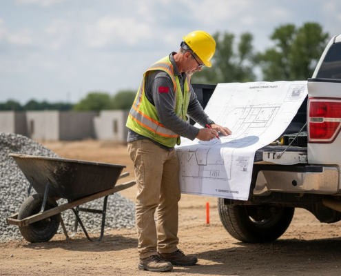 Civil engineer reviewing site grading plans outdoors