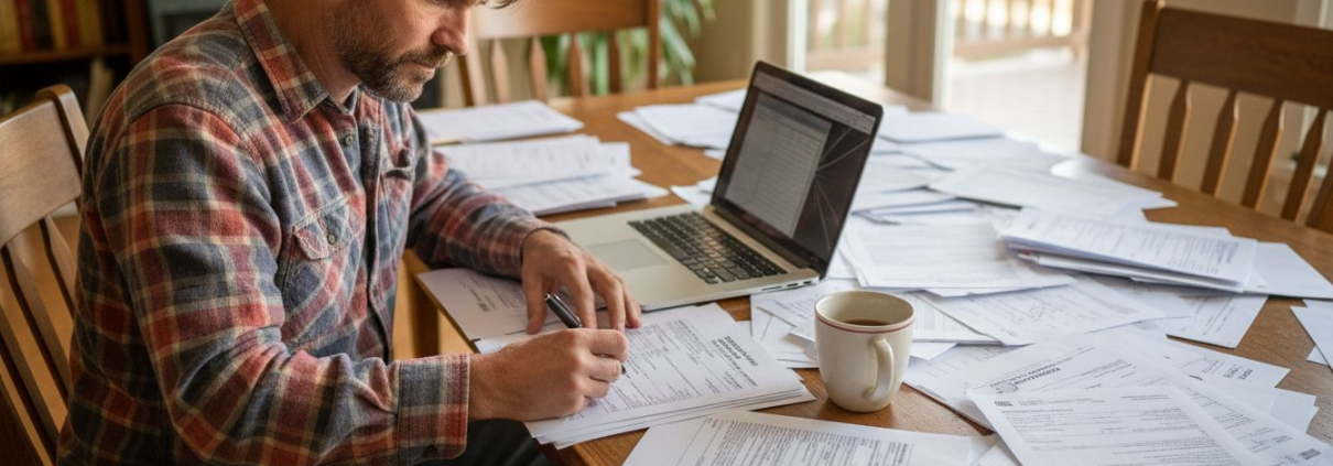 Homeowner reviewing permit paperwork at table