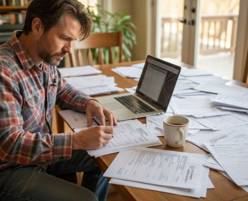 Homeowner reviewing permit paperwork at table