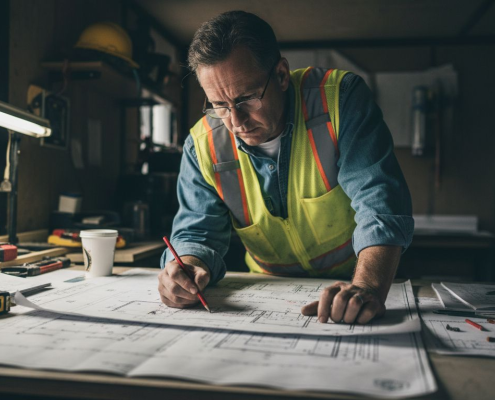 Contractor reviewing electrical blueprints in trailer