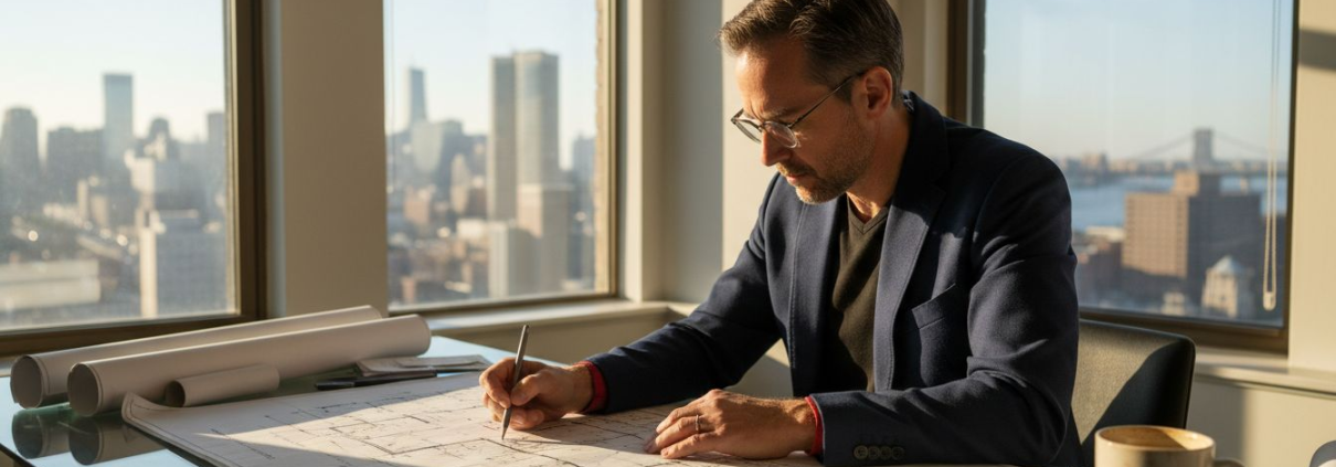Architect reviewing blueprints in sunlit office