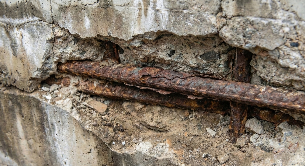 Foundation concrete deterioration with exposed and corroded reinforcing steel