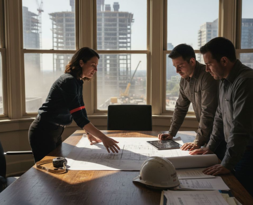 Team reviews blueprints in city office