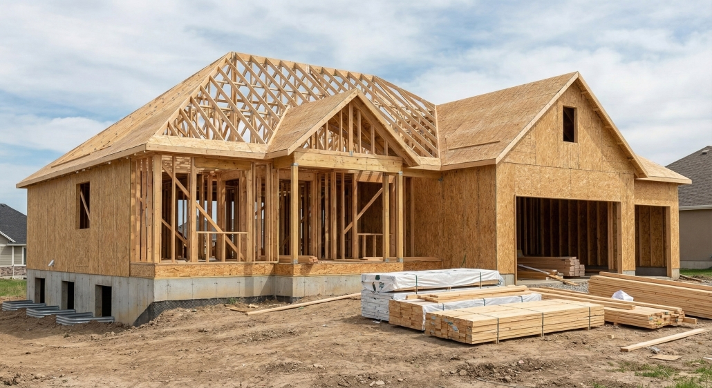 Single-family home under construction with exposed wood framing and roof trusses