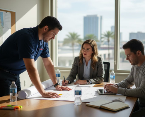 Engineers reviewing blueprints in Florida office