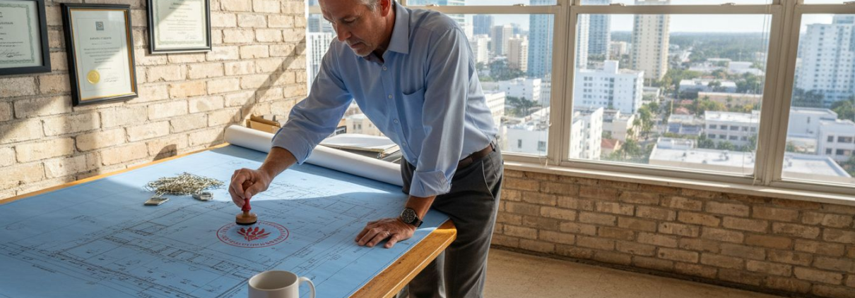 Architect stamping blueprints in Florida office