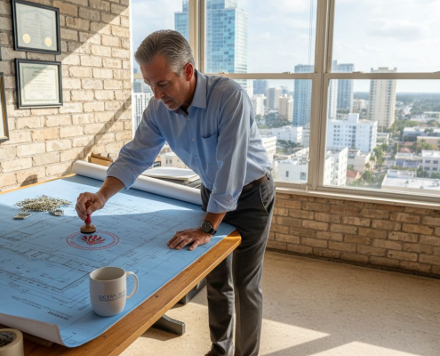 Architect stamping blueprints in Florida office
