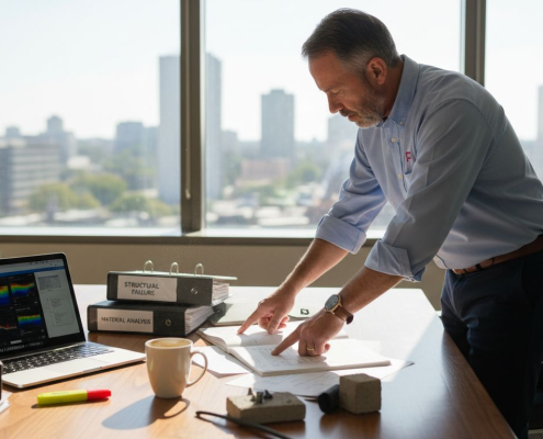 Forensic engineer reviewing property damage report