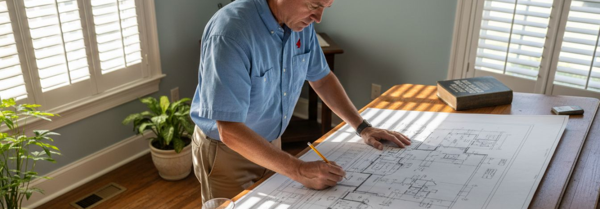 Florida architect examining home blueprints at drafting table