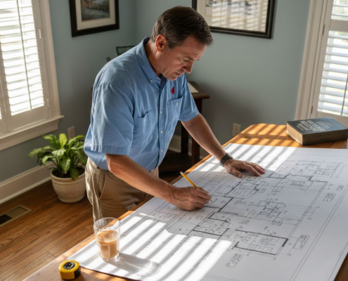 Florida architect examining home blueprints at drafting table