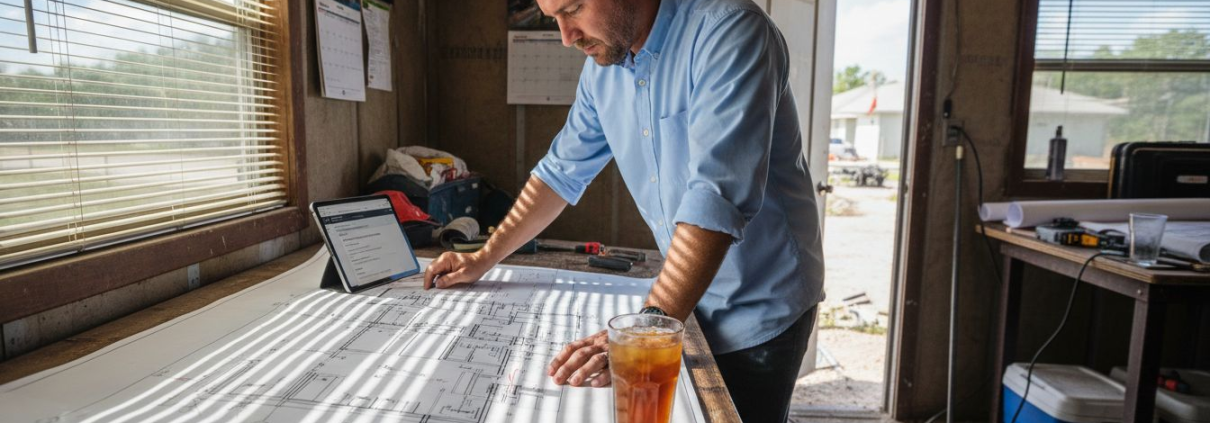 Architect reviewing Florida plumbing blueprints