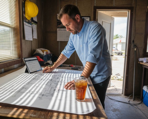 Architect reviewing Florida plumbing blueprints