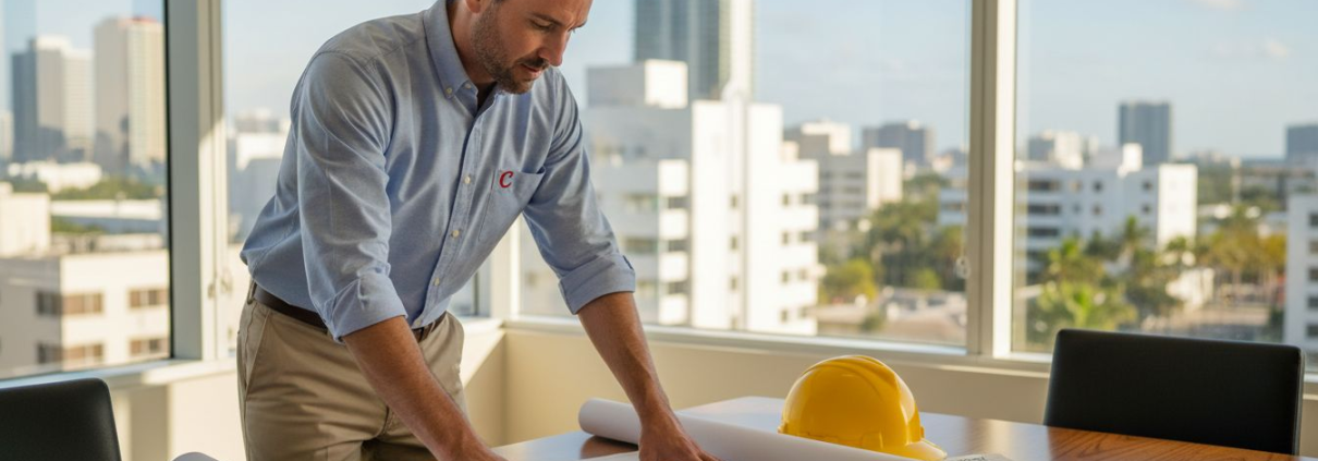 Project manager reviews site plans in office