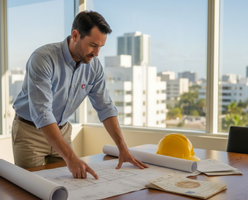 Project manager reviews site plans in office