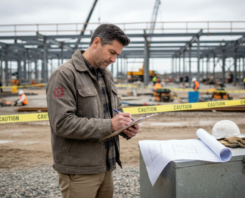 Forensic engineer inspects active construction site
