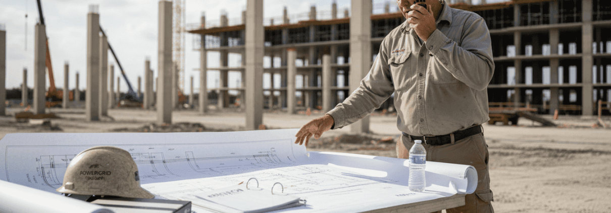 Engineer reviewing electrical plans at construction site