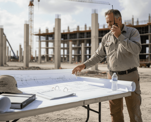 Engineer reviewing electrical plans at construction site