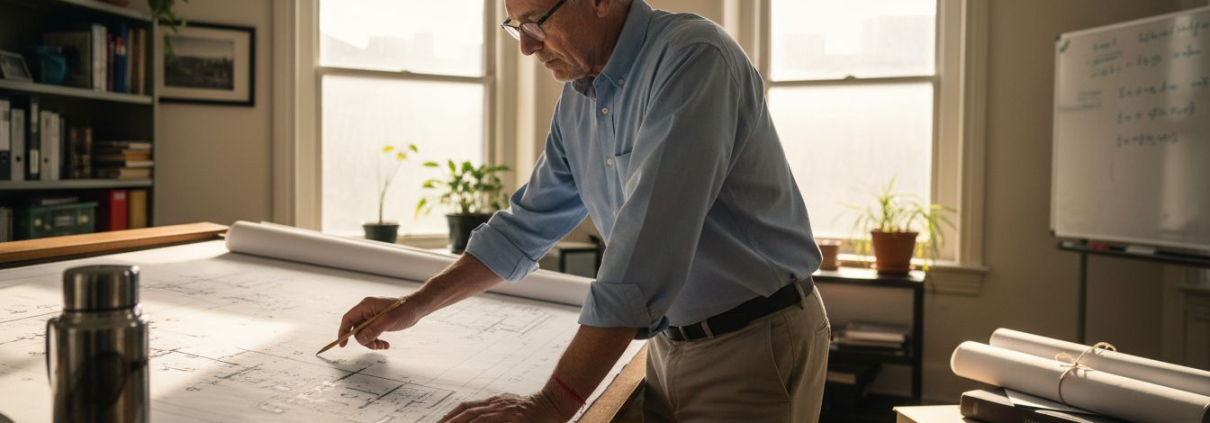 Engineer reviewing electrical blueprint in office