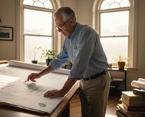 Engineer reviewing electrical blueprint in office