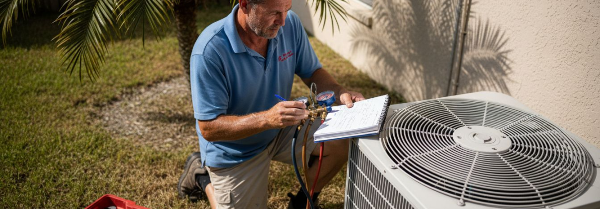 HVAC technician servicing unit in Florida sun