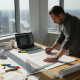 Architect reviews blueprints amid drafting tools desk
