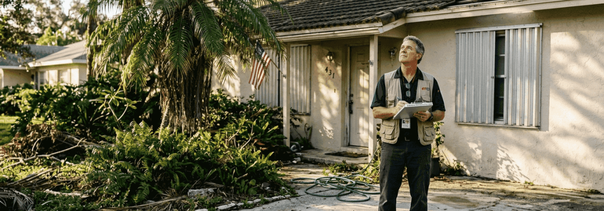 Engineer inspecting Florida home exterior after damage