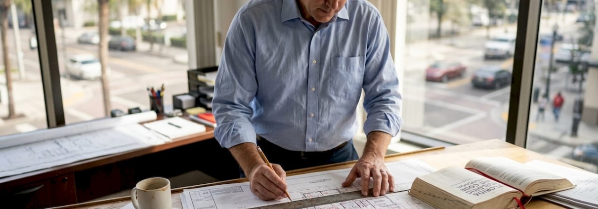 Architect reviewing plans in Florida office setting