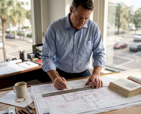 Architect reviewing plans in Florida office setting