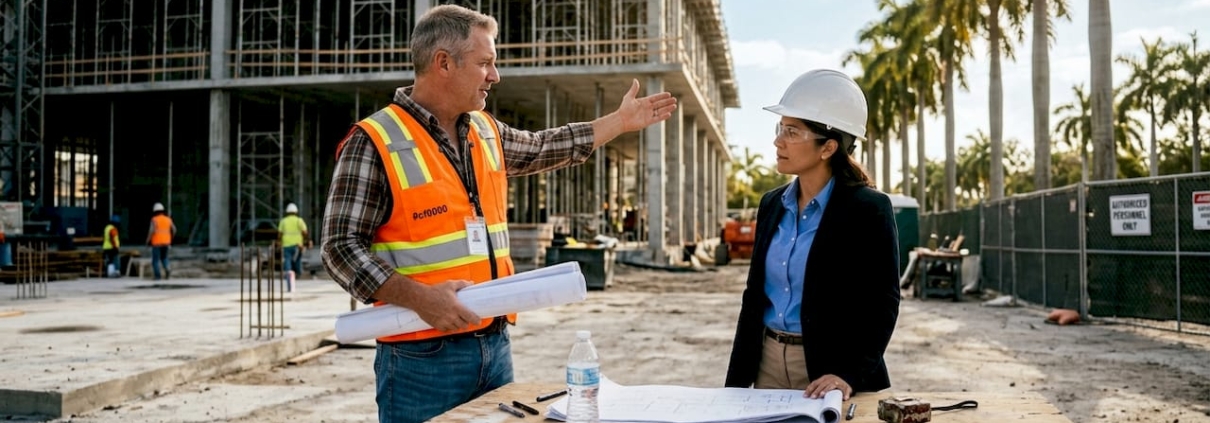 Supervisor and architect with blueprints at Florida construction site