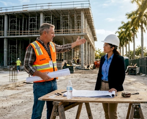 Supervisor and architect with blueprints at Florida construction site