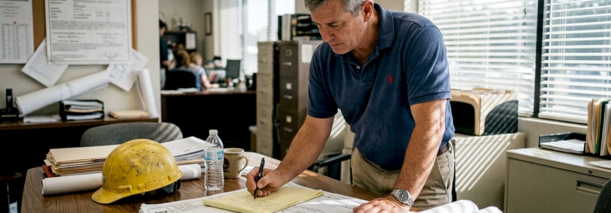 Engineer reviewing building plans for inspection