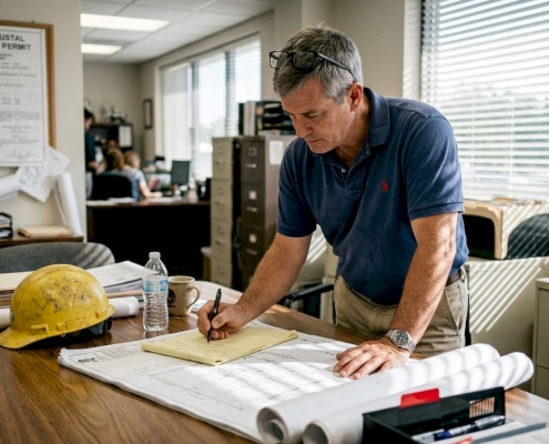 Engineer reviewing building plans for inspection