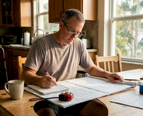 Homeowner reviewing building blueprints at kitchen table