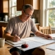 Homeowner reviewing building blueprints at kitchen table