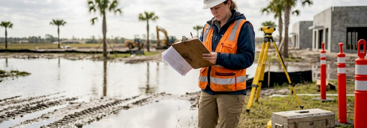 Engineer checks blueprints at Florida site
