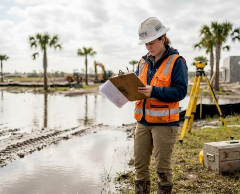 Engineer checks blueprints at Florida site