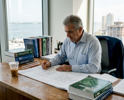 Engineering consultant reviewing blueprints in Florida office