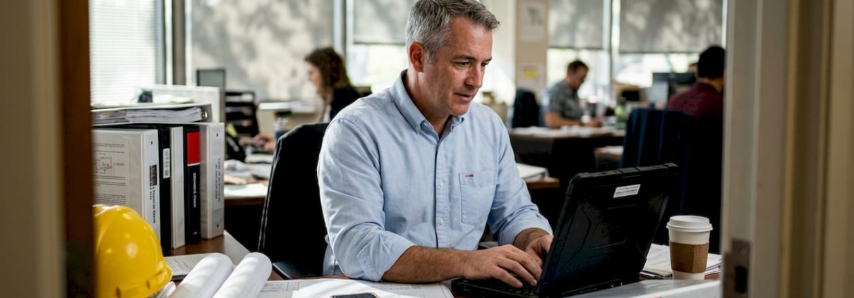 Engineer creating project report at office desk