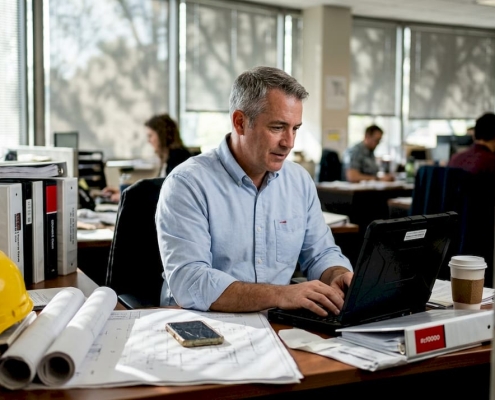Engineer creating project report at office desk