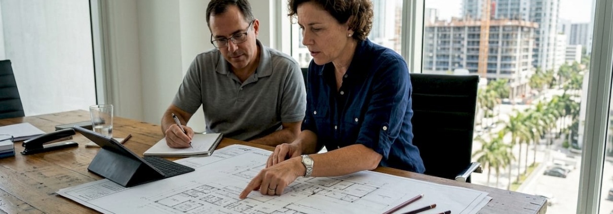 Architect and engineer reviewing Florida construction blueprints