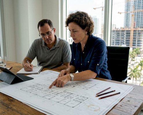 Architect and engineer reviewing Florida construction blueprints