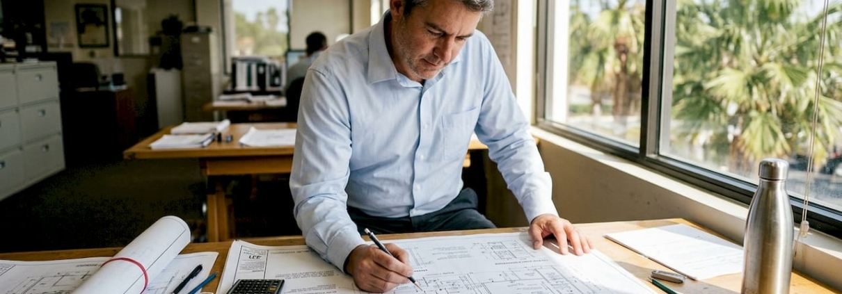 Architect reviewing mechanical plans at drafting table