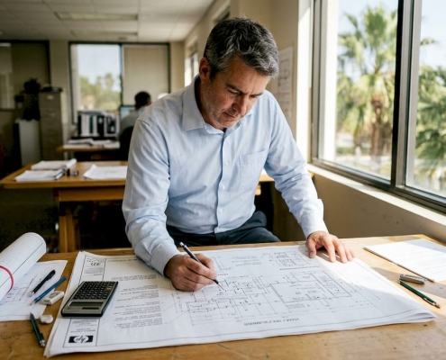 Architect reviewing mechanical plans at drafting table