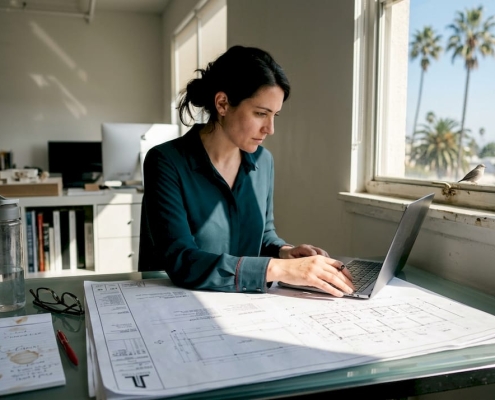 Architect reviewing Florida project blueprints